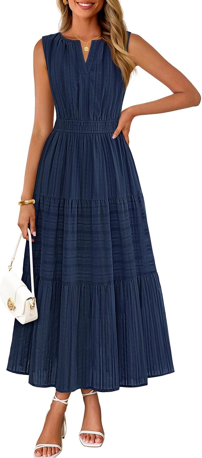 MEROKEETY Summer Casual Sleeveless V Neck Midi Maxi Cotton Dress Women 2026 | Shirred Waist, Eyelets, Tiered, Lined, with Pockets, Boho, Semi Formal, Modest, Vacation, Bridal Shower, Church, Long Dresses
