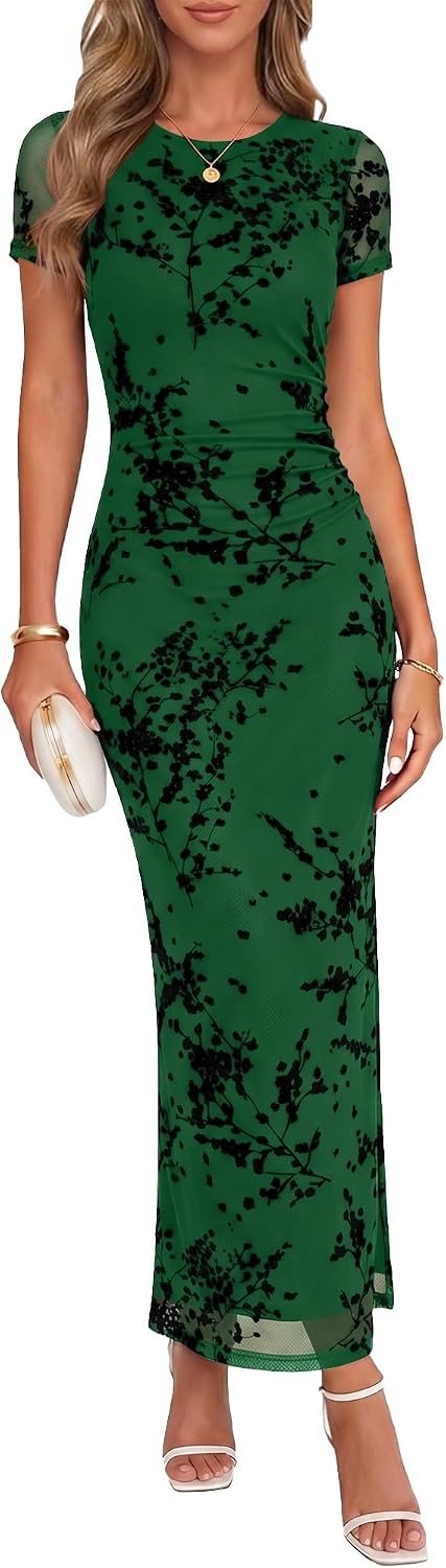 Chunpin Women's 2026 Floral Bodycon Maxi Dress Formal Cocktail Dresses | Wedding Guest Dresses for Women, Ruched Mesh, Elegant Dress, Party Dress, Crew Neck&Short Sleeve, Slit, Summer