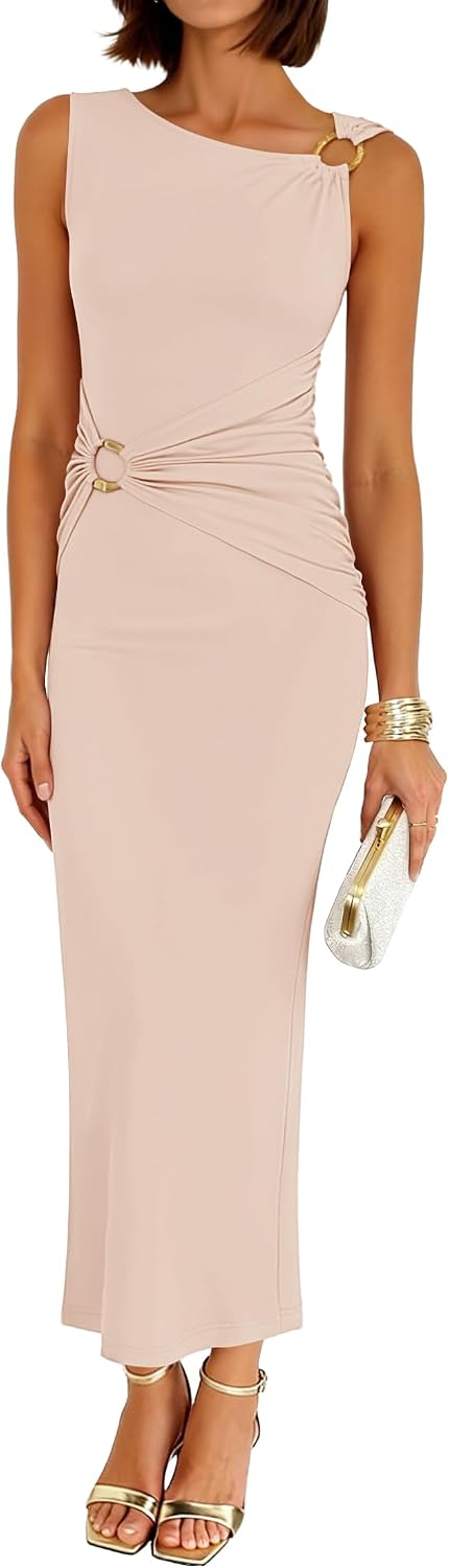 ZESICA Womens Summer Sleeveless Bodycon Ruched Maxi Dress | Elegant Formal Dress, Wedding Guest Long Dress, Cocktail Party Dress