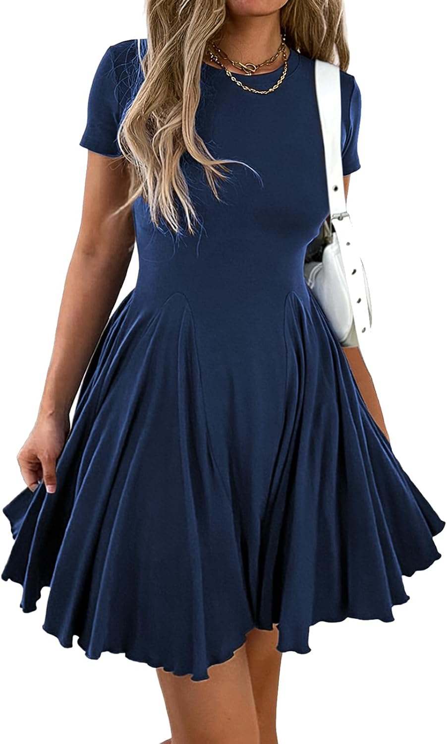 Mieazom Women Crewneck Fit and Flare Swing Flowy Mini Dress Skater Sundress | Summer,Cute Ruffle Hem,Short Sleeve,Drop Waist,Casual A Line,Stretchy,Pleated T Shirt Beach Dress,Party,Vacation
