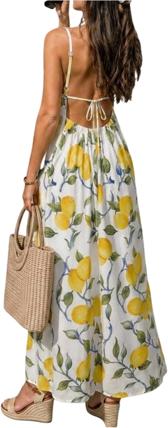 SOLY HUX Women's Summer Backless V Neck Loose Flowy Midi Cami Dress | Spaghetti Strap, Casual, Vacation Outfits, Sundress, Open Back, Long Dress， Trendy