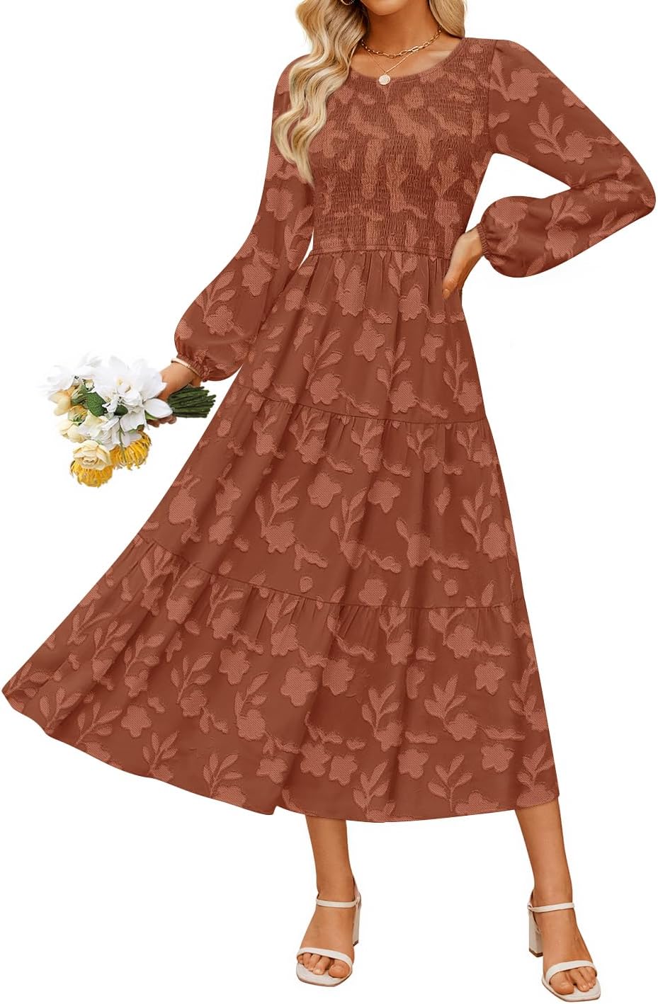 ZESICA Womens Fall Wedding Guest Long Sleeve Boho Midi Dress | Crewneck, Boho Floral, Flowy A Line, High Waist with Pockets, 2026 Elegant Trendy, Winter Long Dress, Casual Beach Vacation