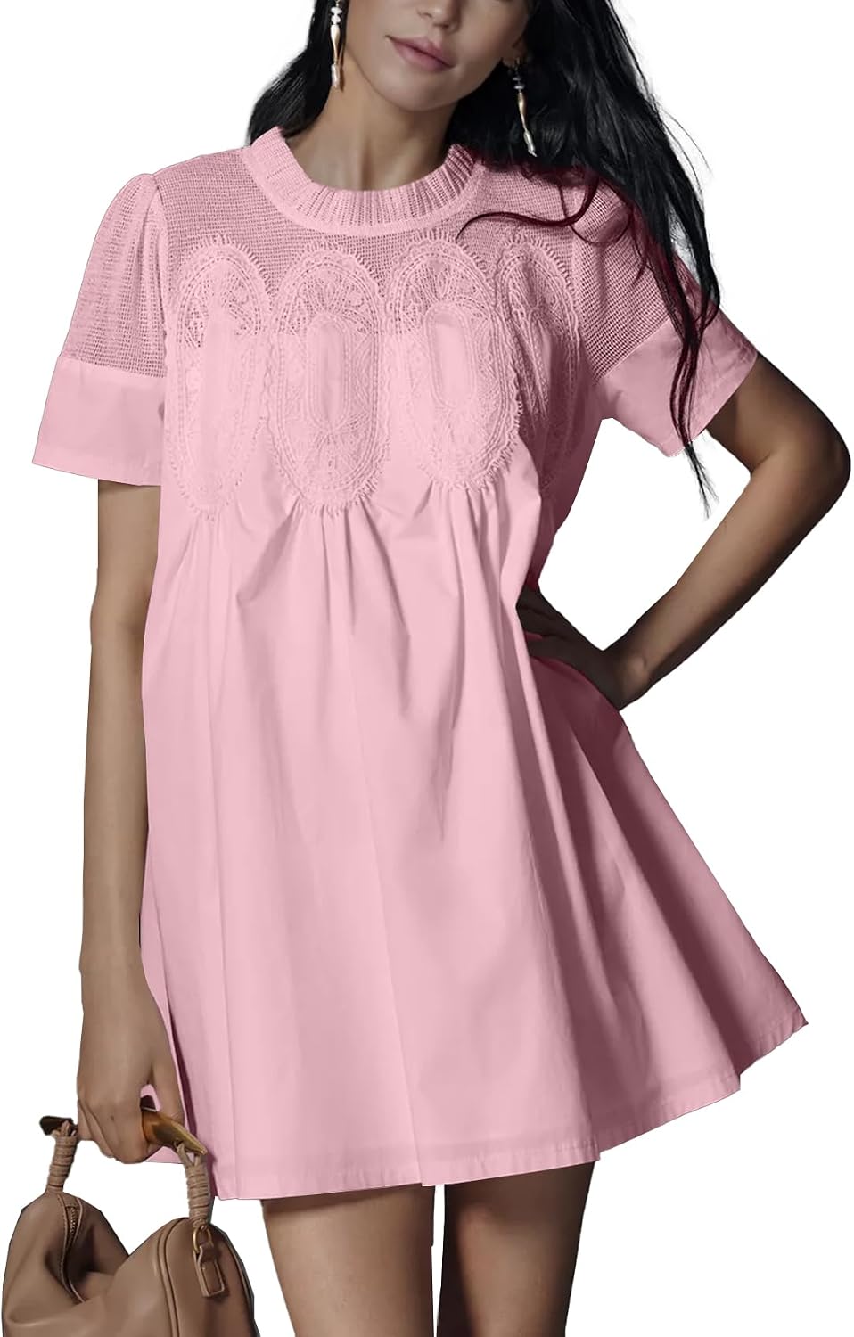 Shiyifa Womens Lace Babydoll Mini Dresses Summer Short Sleeve Sundress | A-Line Baby doll Dress with Lining, Sheer Mesh Patchwork, 2 Pockets, Boho Ruffled Sundress for Daily, Beach and Vacation