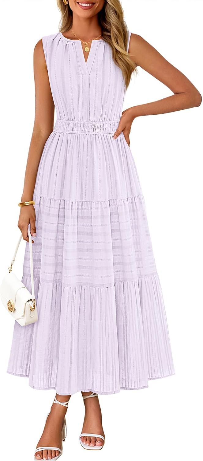 MEROKEETY Summer Casual Sleeveless V Neck Midi Maxi Cotton Dress Women 2026 | Shirred Waist, Eyelets, Tiered, Lined, with Pockets, Boho, Semi Formal, Modest, Vacation, Bridal Shower, Church, Long Dresses
