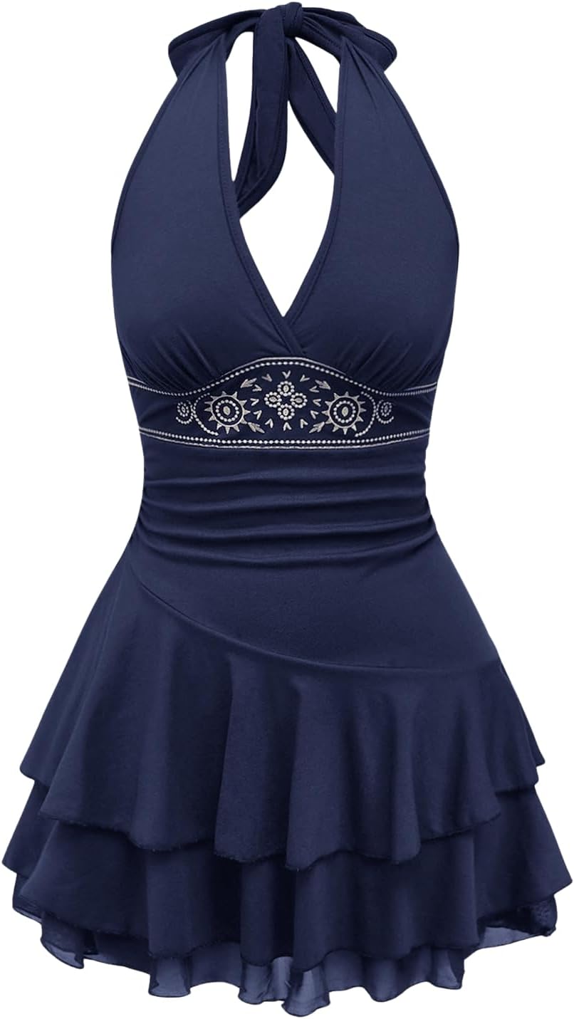 SOLY HUX Women's Summer Dresses Western Cowgirl Halter Casual Mini Dress | Backless, Sleeveless, A Line, Deep V Neck, Flowy, Country Concert Outfits, Sundress