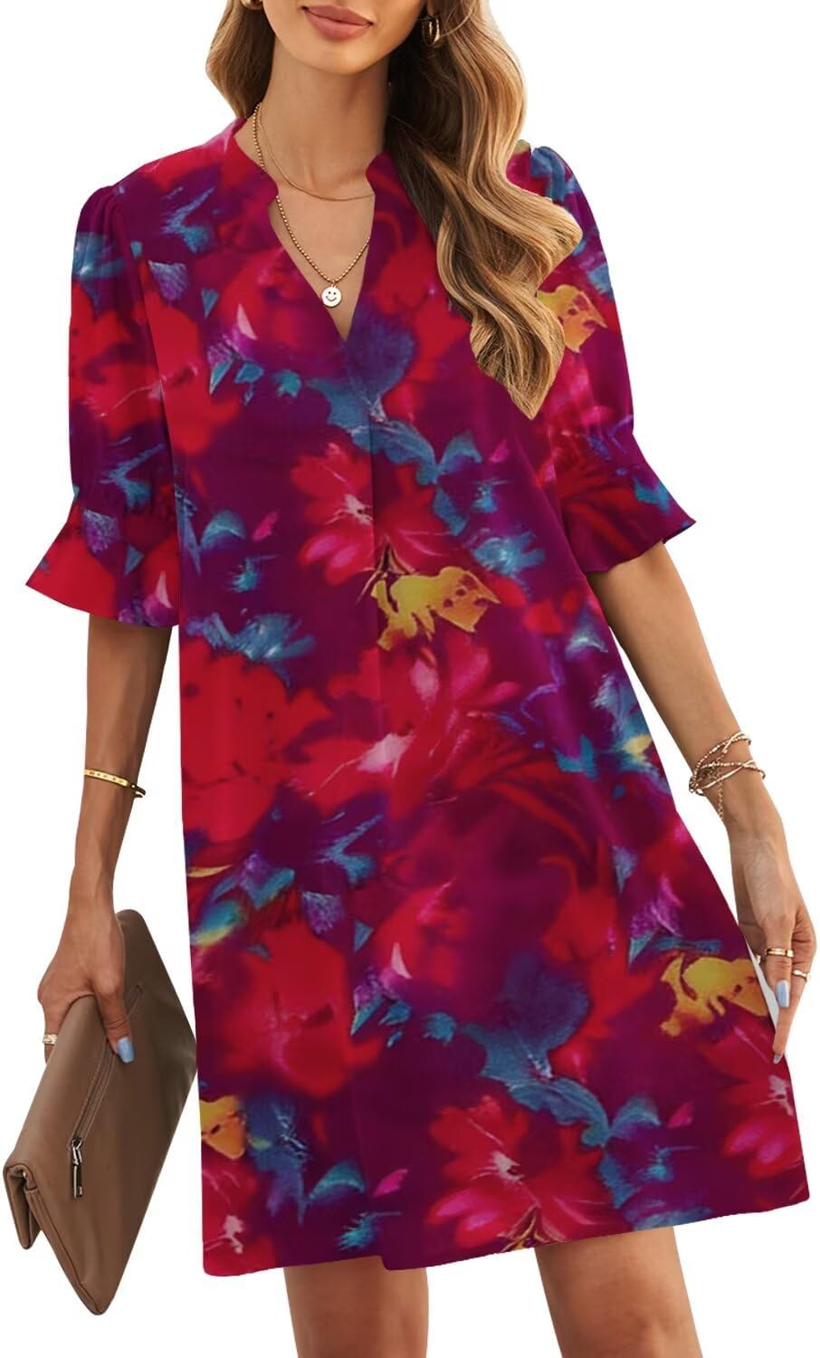 JOCAFIYE Womens Dresses Summer 2026 V-Neck Short Sleeve Dress Shift Dress | Ruffle Short Sleeve, V Neck,Shift Dresses, Floral Print,Mini Short Casual Dress for Graduation Party Date Night Teacher
