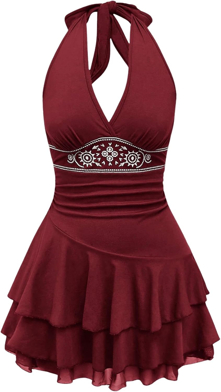 SOLY HUX Women's Summer Dresses Western Cowgirl Halter Casual Mini Dress | Backless, Sleeveless, A Line, Deep V Neck, Flowy, Country Concert Outfits, Sundress