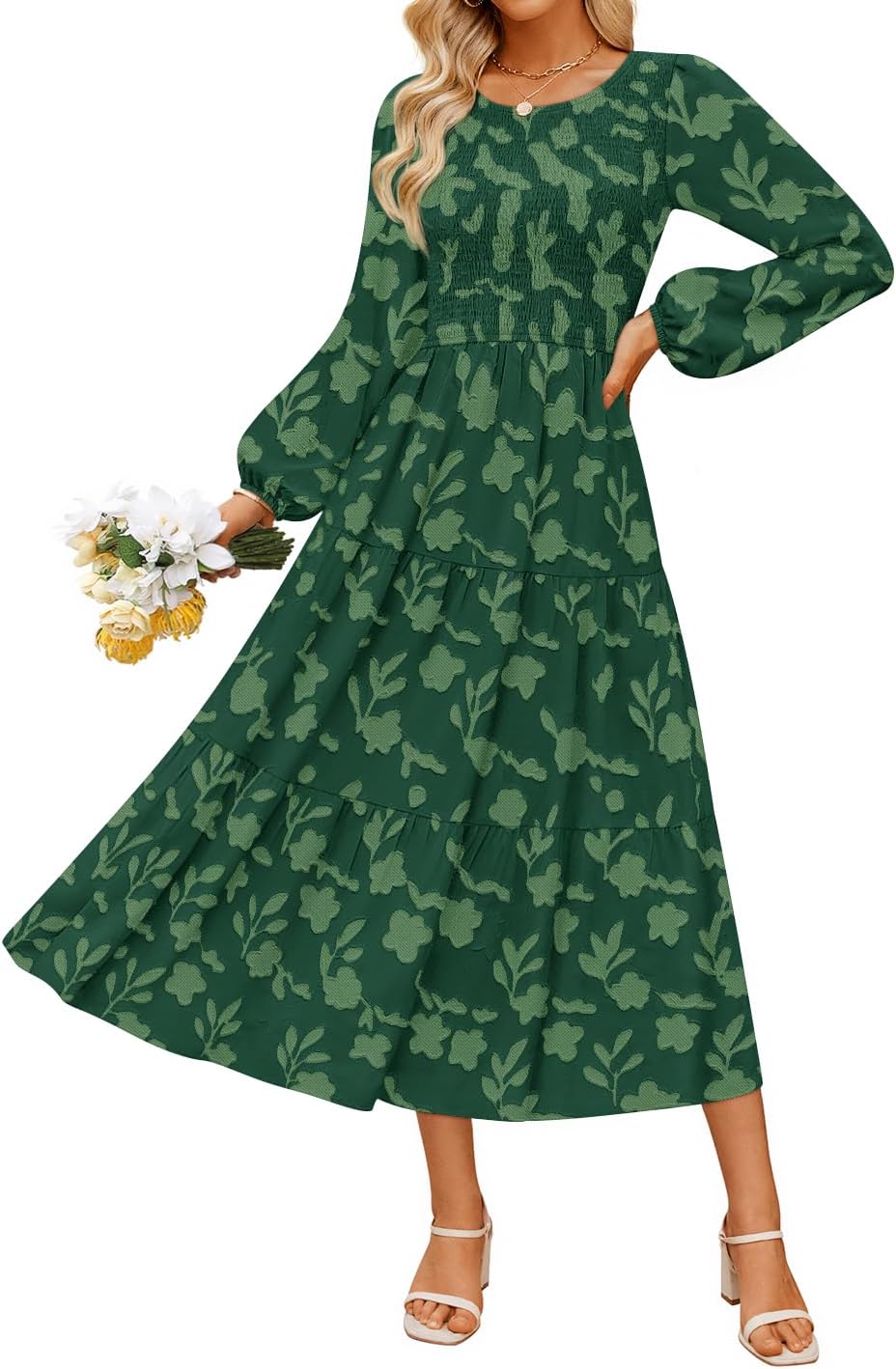 ZESICA Womens Fall Wedding Guest Long Sleeve Boho Midi Dress | Crewneck, Boho Floral, Flowy A Line, High Waist with Pockets, 2026 Elegant Trendy, Winter Long Dress, Casual Beach Vacation