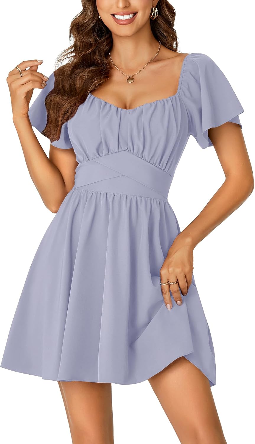 Rooscier Women's Tie Back Short Sleeve Mini Dress | Square Neck Wrap Ruffle Sleeve Flare Dresses