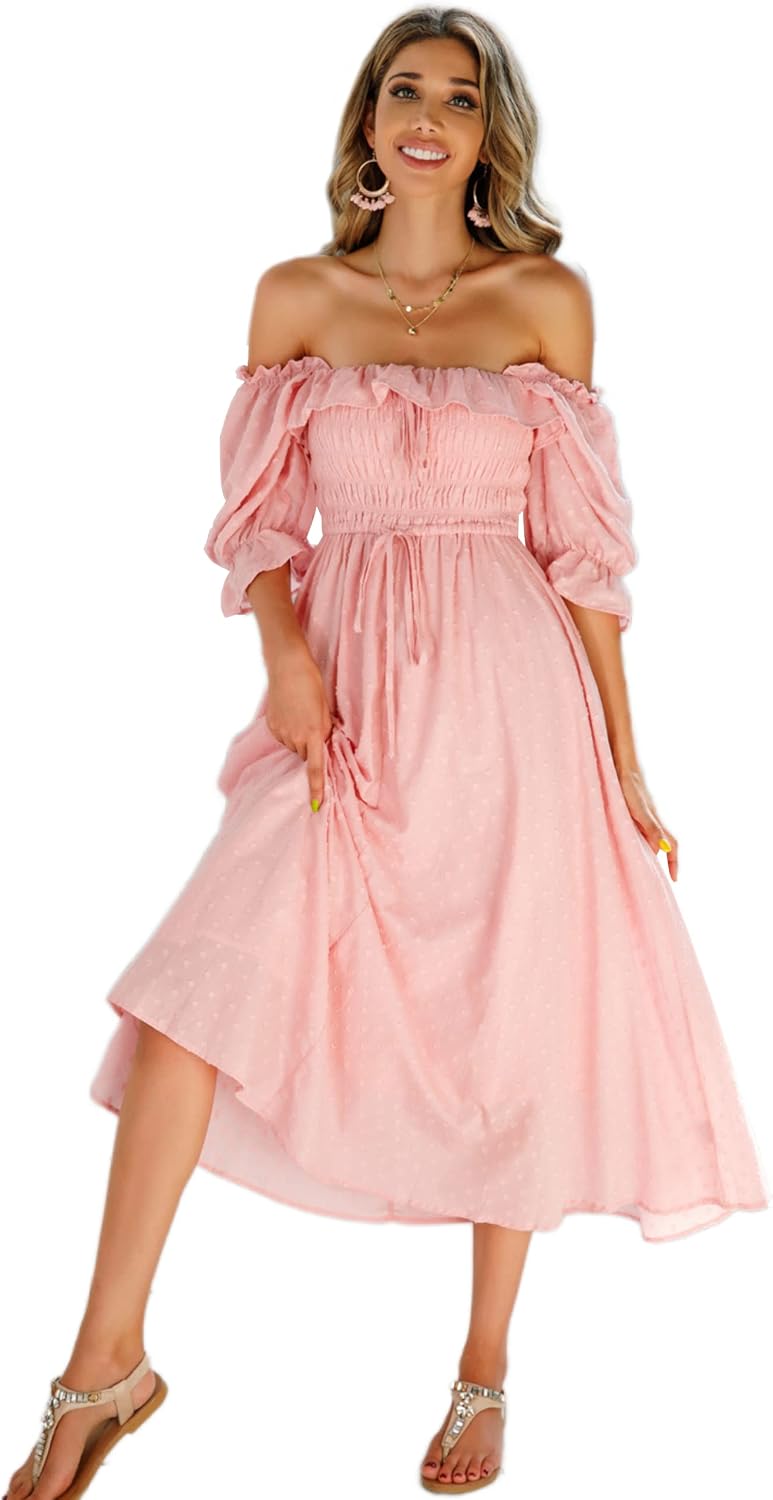 R.Vivimos Women Summer Cotton A Line Flowy Long Dresses | Half Sleeve, Ruffled, Vintage Elegant, Smocked Backless Dress, Maternity Shoot, Baby Shower, Casual Vacation Outfits