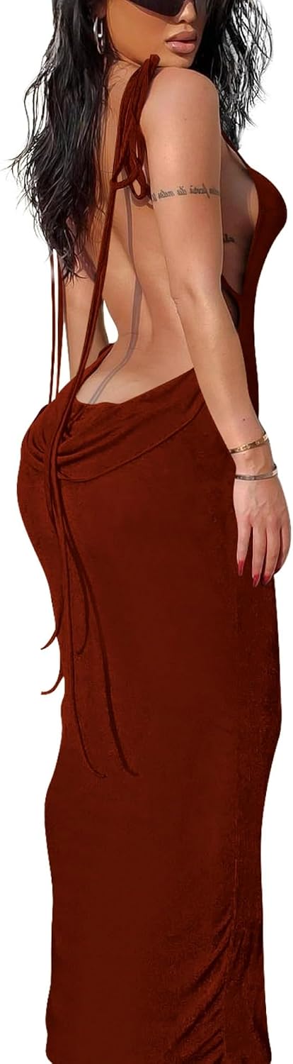Doweha Women's Backless Slip Halter Cocktail Going Out Maxi Dress 2026 | Sexy, Spring, Summer, Formal Outfits for Date Night, Birthday, Evening, Party, Club, Wedding guest, Beach