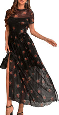 GothDark Women's Floral Mesh Short Sleeve Wedding Guest Maxi Dress | High Slit, Waist-Cinched, Soft Stretchy Fabric, A-Line Dress for Cocktail Party, Date Night, Dinner