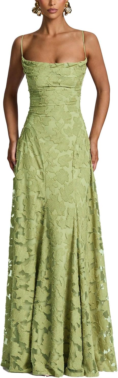 GRMLRPT Women's Floral Bridesmaid Maxi Dresses A Line Wedding Guest Dress | Lace Jacquard Spaghetti Strap Backless Cowl Neck Long Formal Dress Evening Party Prom