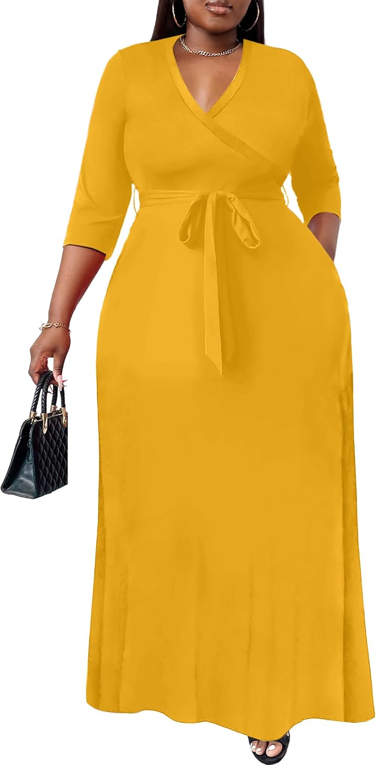 Nmoder Plus Size Maxi Dresses for Curvy Women -Summer Casual Long Fit Dress | Semi Formal, 3\/4 Sleeve V-Neck Flowy Dress, With Pockets And Belt, XL- 6XL