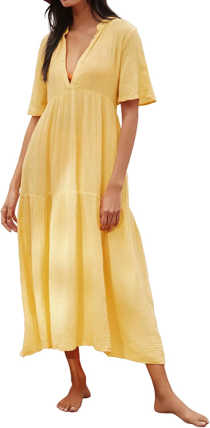 R.Vivimos Womens Summer Cotton Casual Flowy Maxi Dress | Short Sleeve, V Neck, Empire Waist, Boho Tiered Ruffle, Beach Vacation Loose Long Dresses
