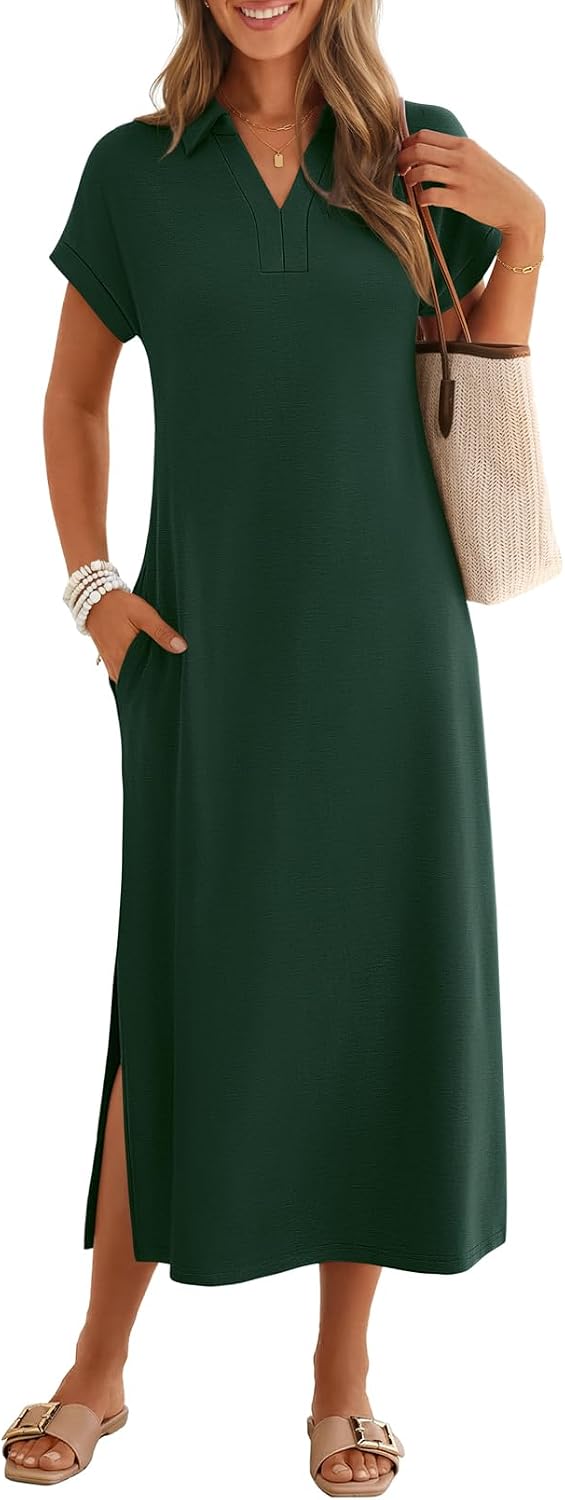 MEROKEETY Women's Summer Casual V Neck Collared T Shirt Long Maxi Dress | Short Cap Sleeve, Loose Fit, Beach Vacation, Work Office Polo Dresses, Wrinkle-Free Sundress Travel Resort Outfits 2026