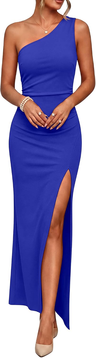Caracilia Womens Summer One Shoulder Wedding Guest Dress | Cocktail Party Evening Formal Maxi Dresses, Dressy Elegant, Slim Fit Sleeveless Ruched High Split Bodycon