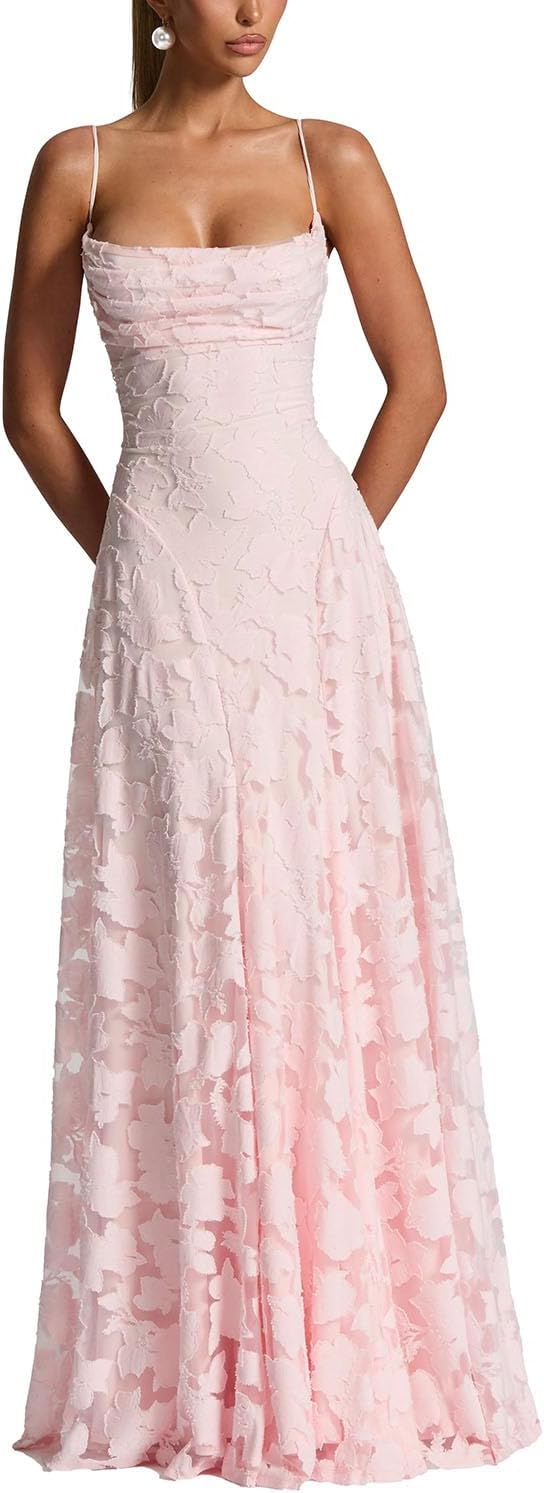 GRMLRPT Women's Floral Bridesmaid Maxi Dresses A Line Wedding Guest Dress | Lace Jacquard Spaghetti Strap Backless Cowl Neck Long Formal Dress Evening Party Prom