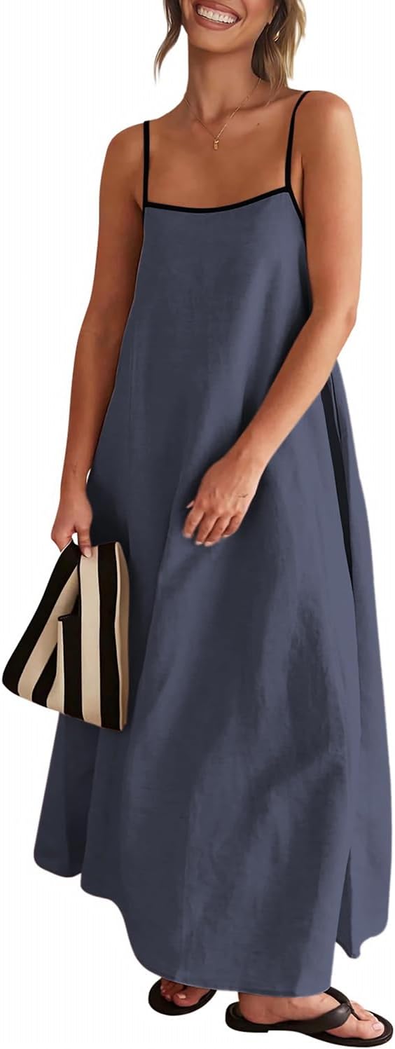 Senllen Women's Linen Maxi Dress 2026 Summer Fall Sundress with Pockets | Adjustable Spaghetti Straps Sleeveless Backless Tie Back Contrast Trim Casual Beach Vacation Wedding Guest Boho Dresses