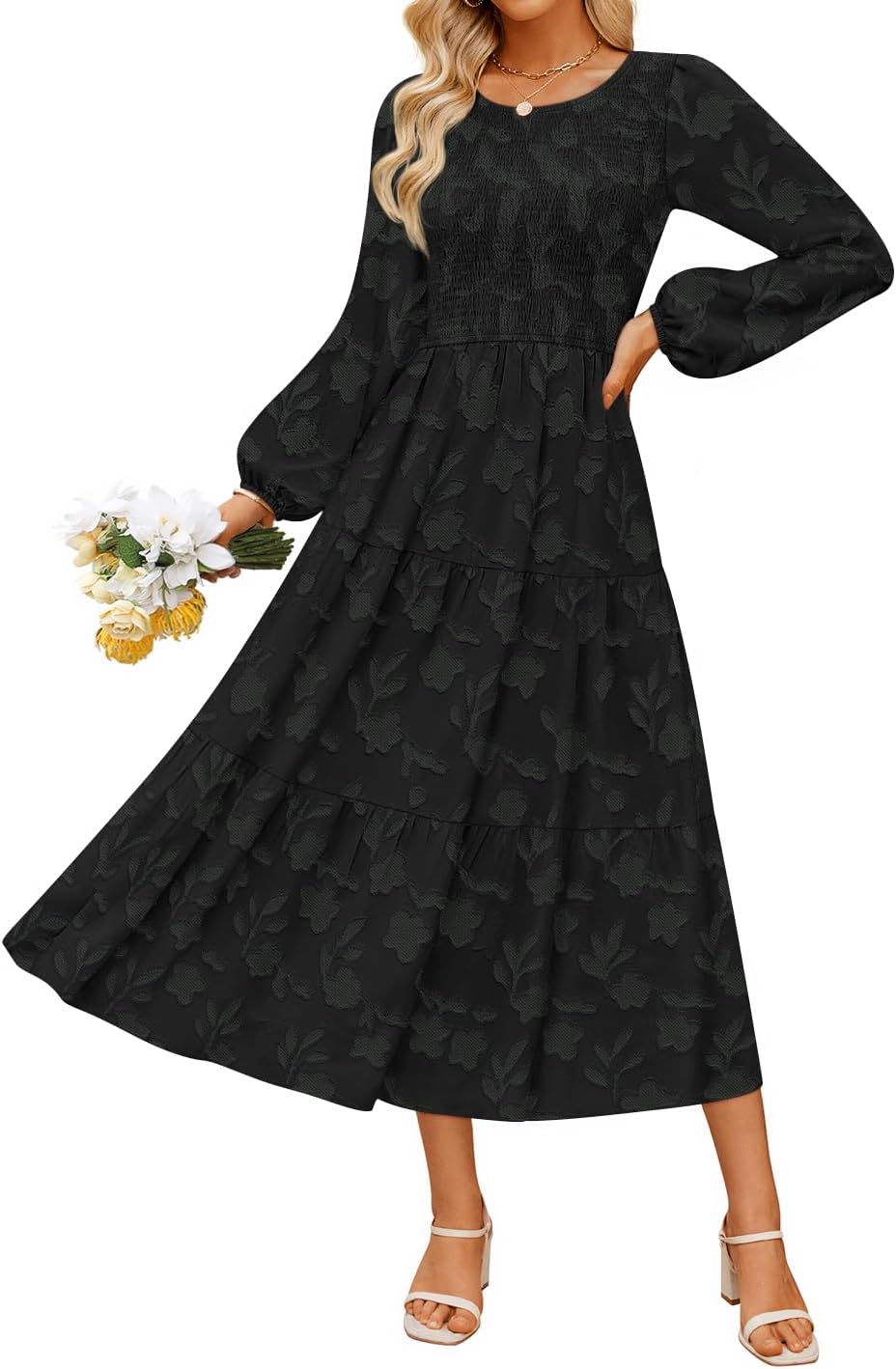 ZESICA Womens Fall Wedding Guest Long Sleeve Boho Midi Dress | Crewneck, Boho Floral, Flowy A Line, High Waist with Pockets, 2026 Elegant Trendy, Winter Long Dress, Casual Beach Vacation
