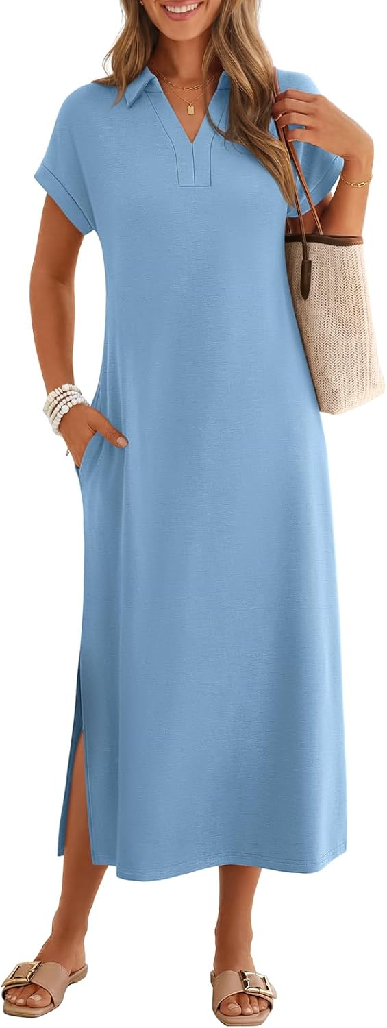 MEROKEETY Women's Summer Casual V Neck Collared T Shirt Long Maxi Dress | Short Cap Sleeve, Loose Fit, Beach Vacation, Work Office Polo Dresses, Wrinkle-Free Sundress Travel Resort Outfits 2026