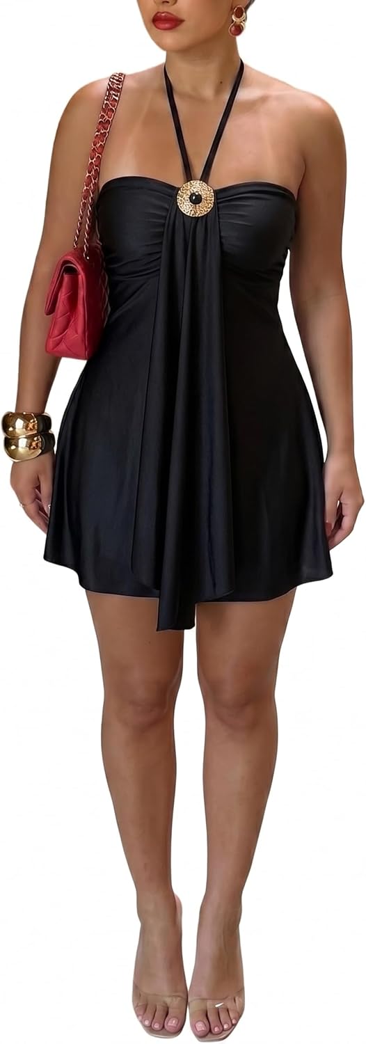 Women's Satin Halter Mini Dress Backless Flowy Vacation Going Out Dress | Soft Stretch Satin,Ruched Bust,Ruffle Hem&Flowy A-Line Fit,Perfect for Club,Night Out,Birthday Party,Homecoming,Resort Wear