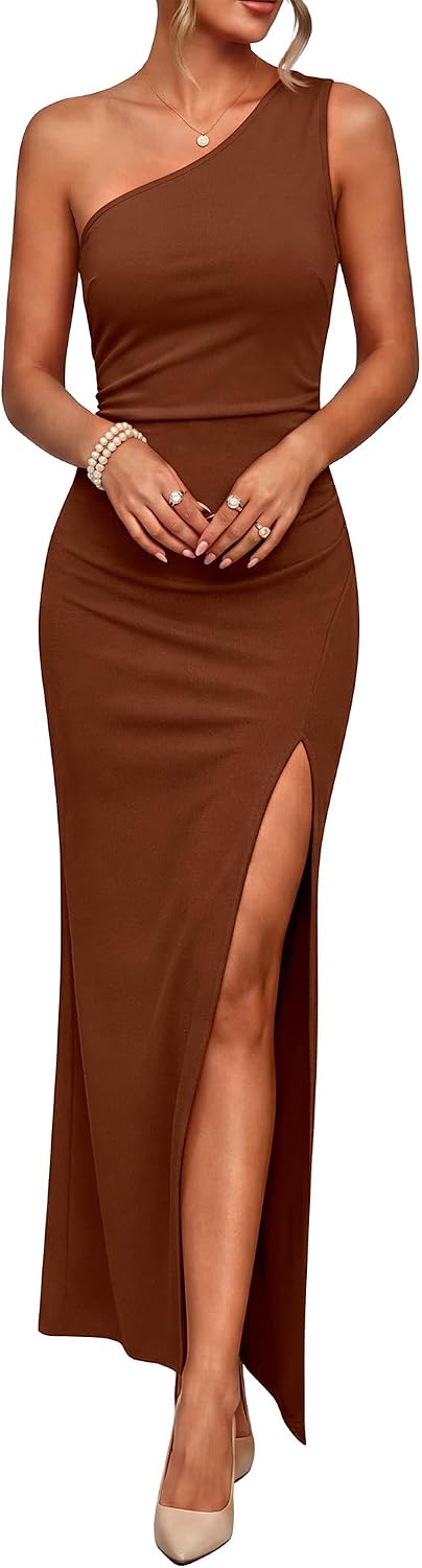 Caracilia Womens Summer One Shoulder Wedding Guest Dress | Cocktail Party Evening Formal Maxi Dresses, Dressy Elegant, Slim Fit Sleeveless Ruched High Split Bodycon
