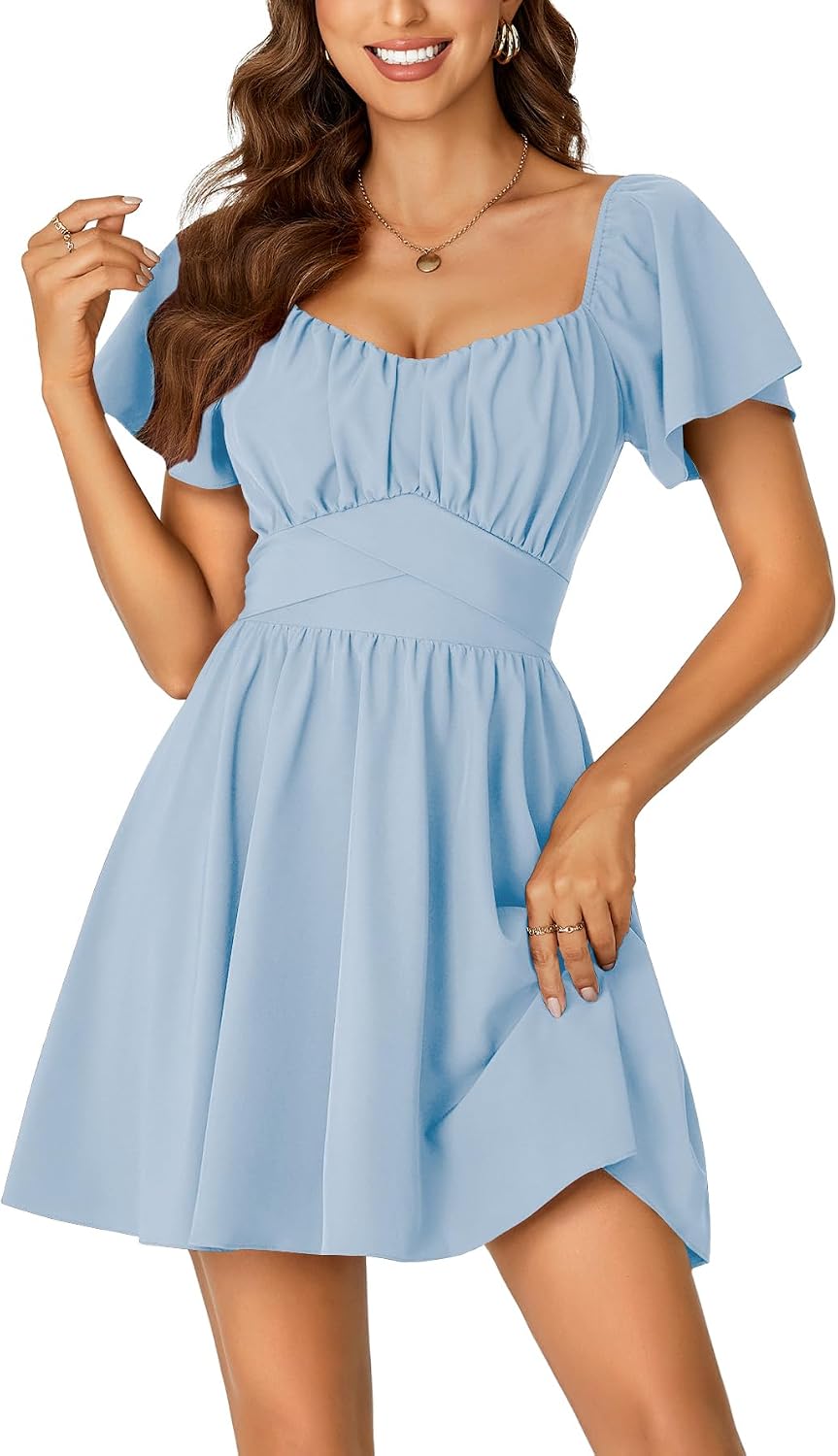 Rooscier Women's Tie Back Short Sleeve Mini Dress | Square Neck Wrap Ruffle Sleeve Flare Dresses