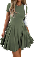 Mieazom Women Crewneck Fit and Flare Swing Flowy Mini Dress Skater Sundress | Summer,Cute Ruffle Hem,Short Sleeve,Drop Waist,Casual A Line,Stretchy,Pleated T Shirt Beach Dress,Party,Vacation