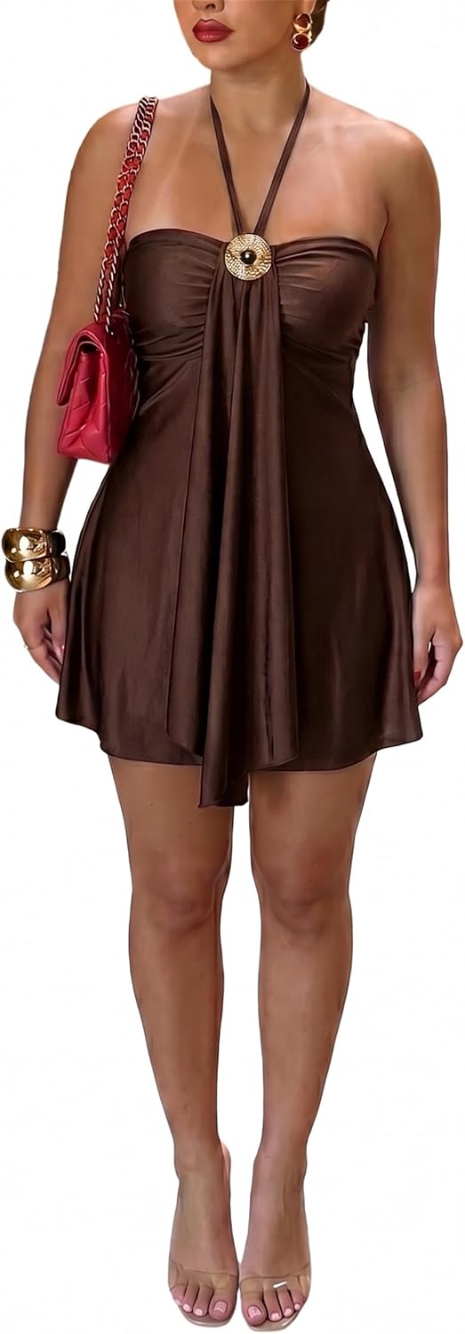 Women's Satin Halter Mini Dress Backless Flowy Vacation Going Out Dress | Soft Stretch Satin,Ruched Bust,Ruffle Hem&Flowy A-Line Fit,Perfect for Club,Night Out,Birthday Party,Homecoming,Resort Wear