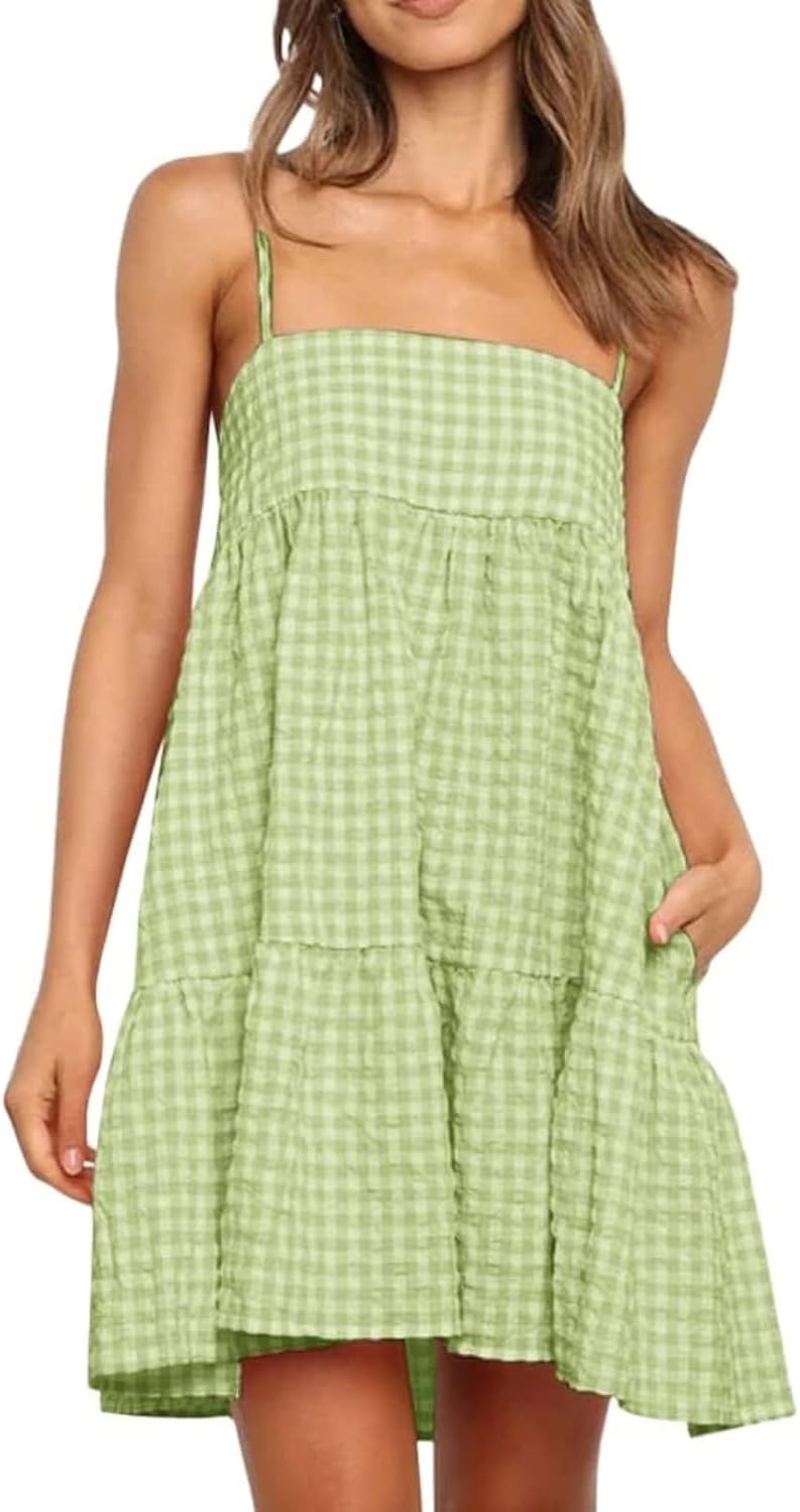 Wenrine Womens Summer Plaid Mini Dress Spaghetti Strap Beach Sundress | Sleeveless,Casual,Gingham Y2K,A Line,Maternity,Vacation,Country Concert,Short Dresses with Pockets