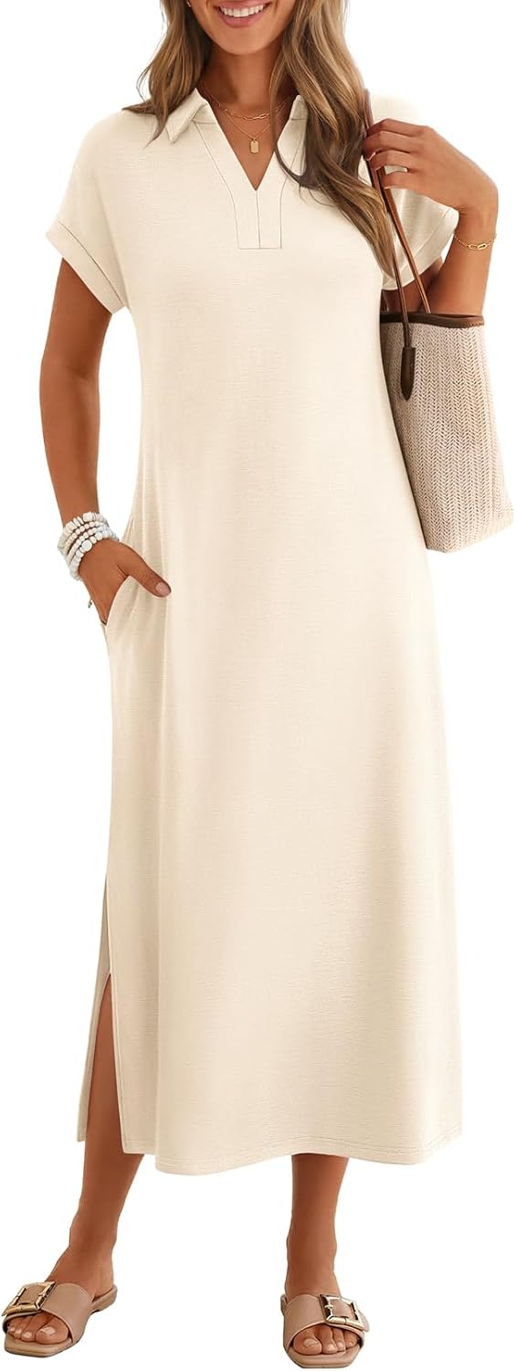 MEROKEETY Women's Summer Casual V Neck Collared T Shirt Long Maxi Dress | Short Cap Sleeve, Loose Fit, Beach Vacation, Work Office Polo Dresses, Wrinkle-Free Sundress Travel Resort Outfits 2026