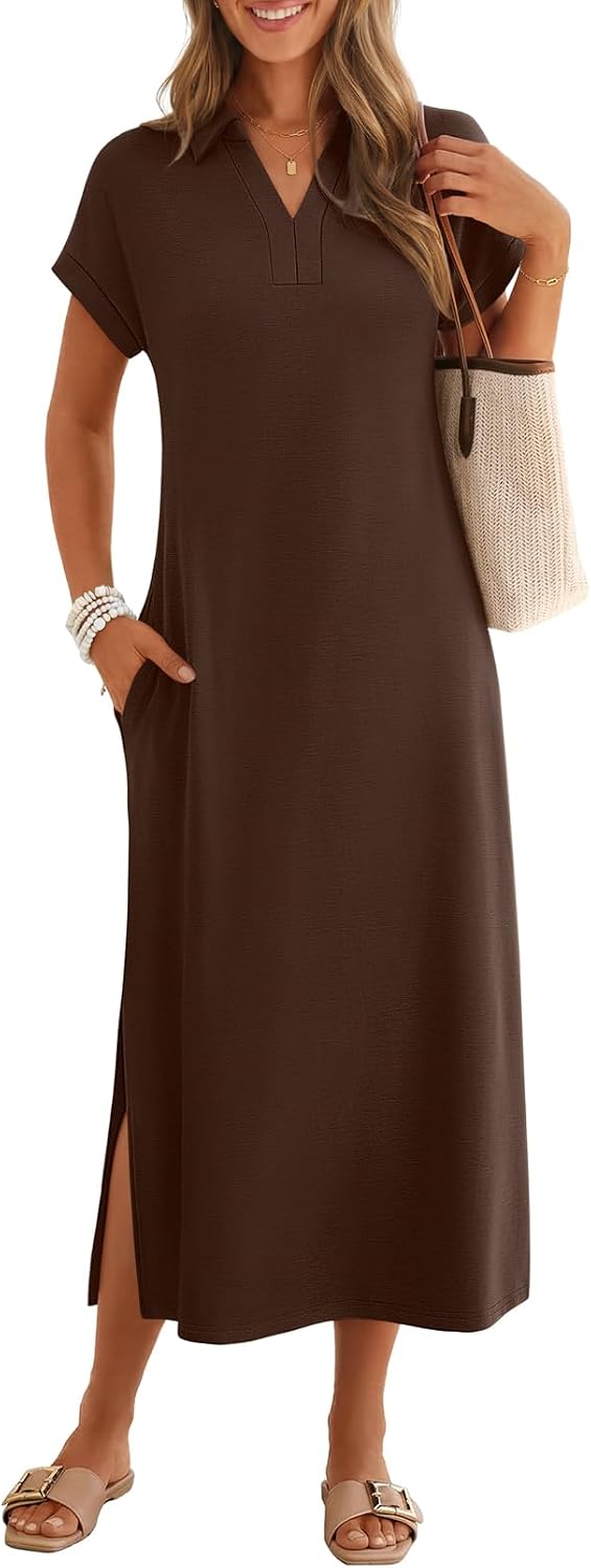 MEROKEETY Women's Summer Casual V Neck Collared T Shirt Long Maxi Dress | Short Cap Sleeve, Loose Fit, Beach Vacation, Work Office Polo Dresses, Wrinkle-Free Sundress Travel Resort Outfits 2026