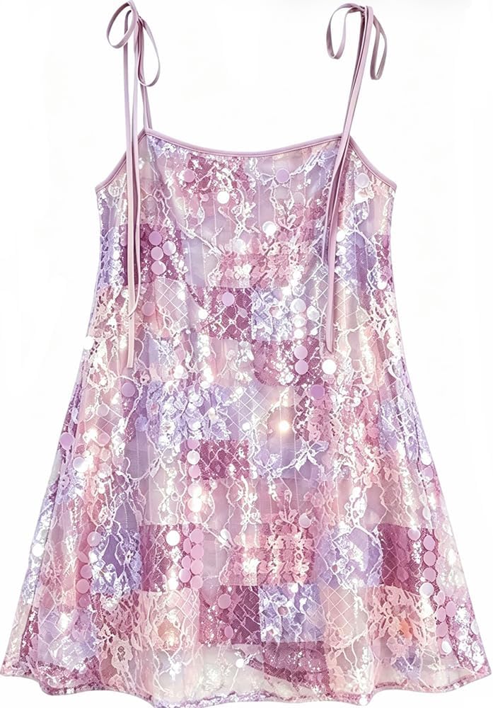 Xojbzoo Y2K Sequin A-Line Mini Dress Sparkly Camisole | Green & pink options, glitter sequin overlay, going out party holiday dress, camisole style with adjustable straps