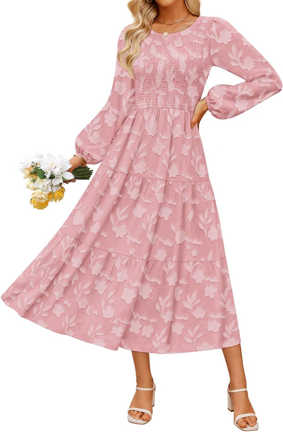 ZESICA Womens Fall Wedding Guest Long Sleeve Boho Midi Dress | Crewneck, Boho Floral, Flowy A Line, High Waist with Pockets, 2026 Elegant Trendy, Winter Long Dress, Casual Beach Vacation