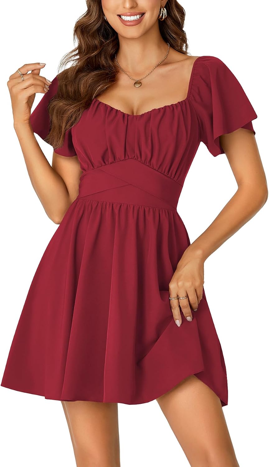 Rooscier Women's Tie Back Short Sleeve Mini Dress | Square Neck Wrap Ruffle Sleeve Flare Dresses