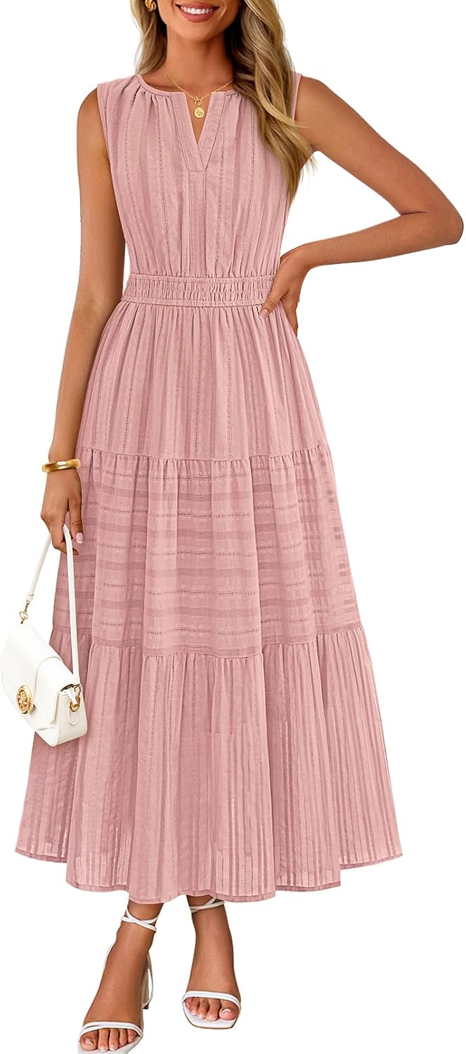 MEROKEETY Summer Casual Sleeveless V Neck Midi Maxi Cotton Dress Women 2026 | Shirred Waist, Eyelets, Tiered, Lined, with Pockets, Boho, Semi Formal, Modest, Vacation, Bridal Shower, Church, Long Dresses