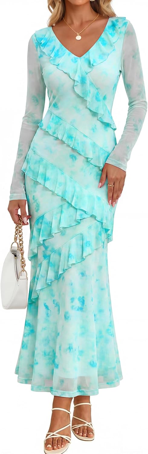 ZESICA Wedding Guest Dresses for Women Fall Long Sleeve Floral Maxi Dress | 2026 Early Fall Fashion, Bodycon, V Neck, Mesh Fabric, Tiered Ruffle, Boho Long Dress, Baby Shower, Cocktail, Bridal Dress