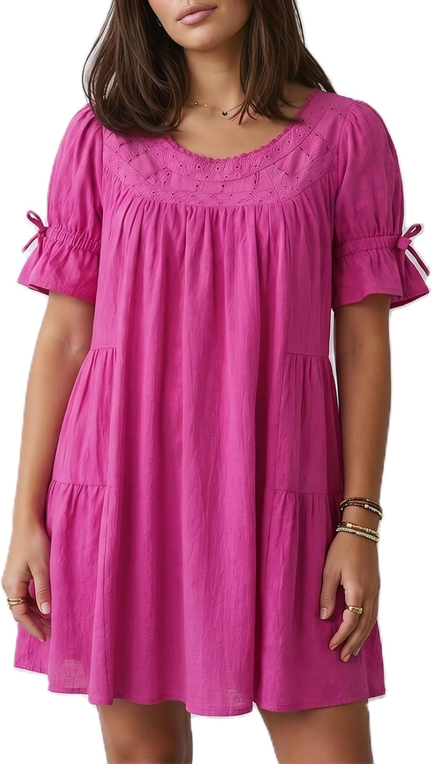 Nlacehan Womens Flowy Puff Short Sleeve Babydoll Mini Dress | Short Dress, Ruffle, Scoop Neck, A-line, Bow Tie, Eyelet, Casual, Lightweight, Summer, Daily Outfits A-line Sundress