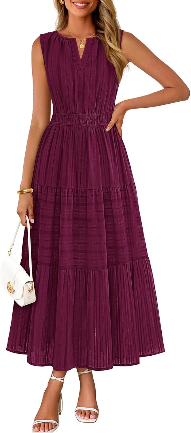 MEROKEETY Summer Casual Sleeveless V Neck Midi Maxi Cotton Dress Women 2026 | Shirred Waist, Eyelets, Tiered, Lined, with Pockets, Boho, Semi Formal, Modest, Vacation, Bridal Shower, Church, Long Dresses
