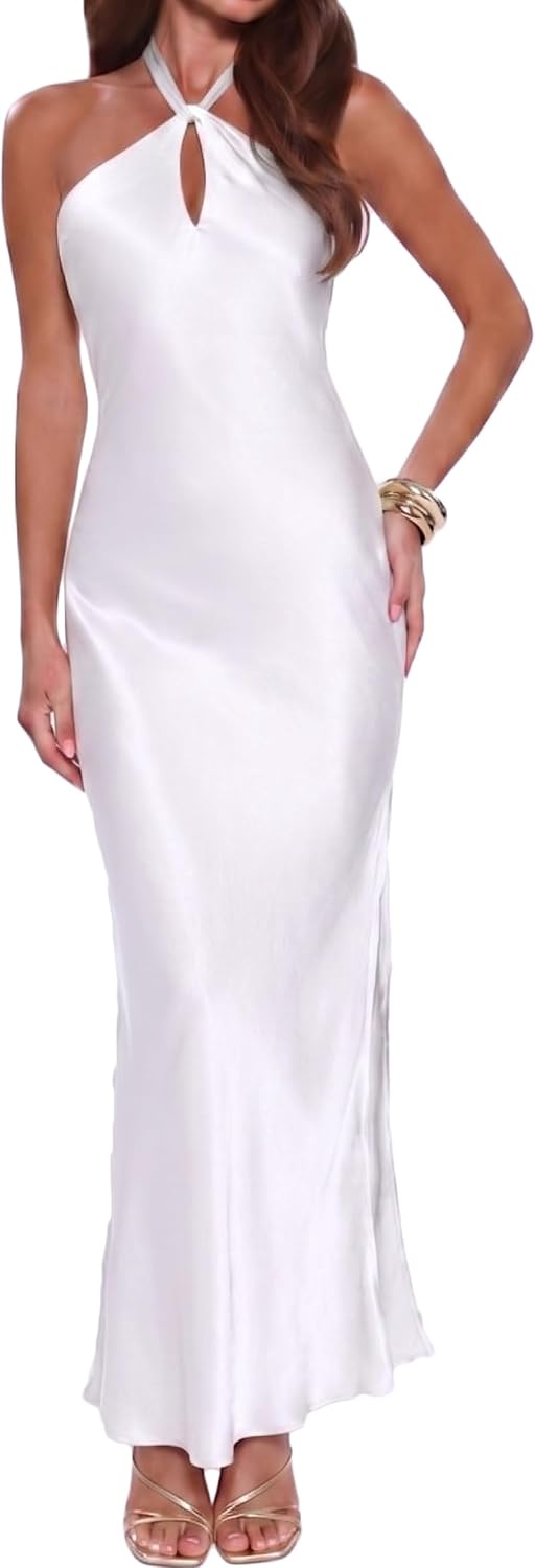 Gmeitoey Satin Halter Maxi Dress for Women Formal Bridesmaid Wedding Guest | Silk,Backless,Sleeveless,Slit,Elegant,Cocktail,Evening,DateNight,Vacation,Beach Wedding,Garden Wedding,Prom,Anniversary