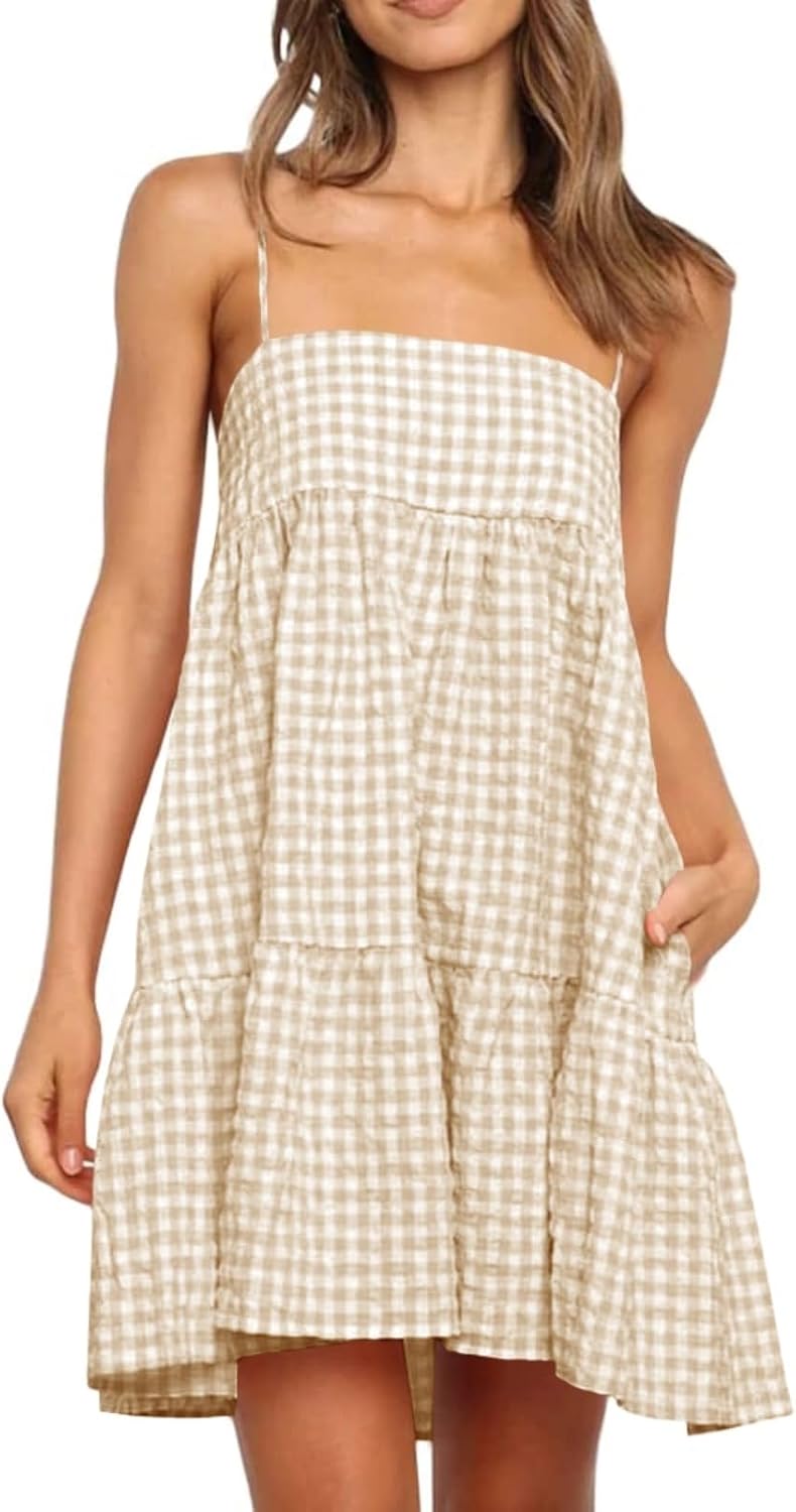 Wenrine Womens Summer Plaid Mini Dress Spaghetti Strap Beach Sundress | Sleeveless,Casual,Gingham Y2K,A Line,Maternity,Vacation,Country Concert,Short Dresses with Pockets