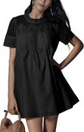Shiyifa Womens Lace Babydoll Mini Dresses Summer Short Sleeve Sundress | A-Line Baby doll Dress with Lining, Sheer Mesh Patchwork, 2 Pockets, Boho Ruffled Sundress for Daily, Beach and Vacation
