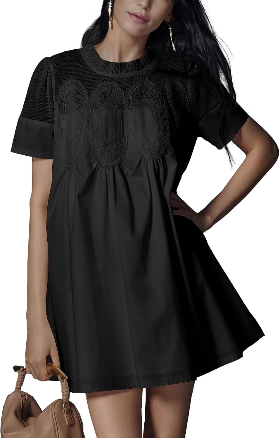Shiyifa Womens Lace Babydoll Mini Dresses Summer Short Sleeve Sundress | A-Line Baby doll Dress with Lining, Sheer Mesh Patchwork, 2 Pockets, Boho Ruffled Sundress for Daily, Beach and Vacation