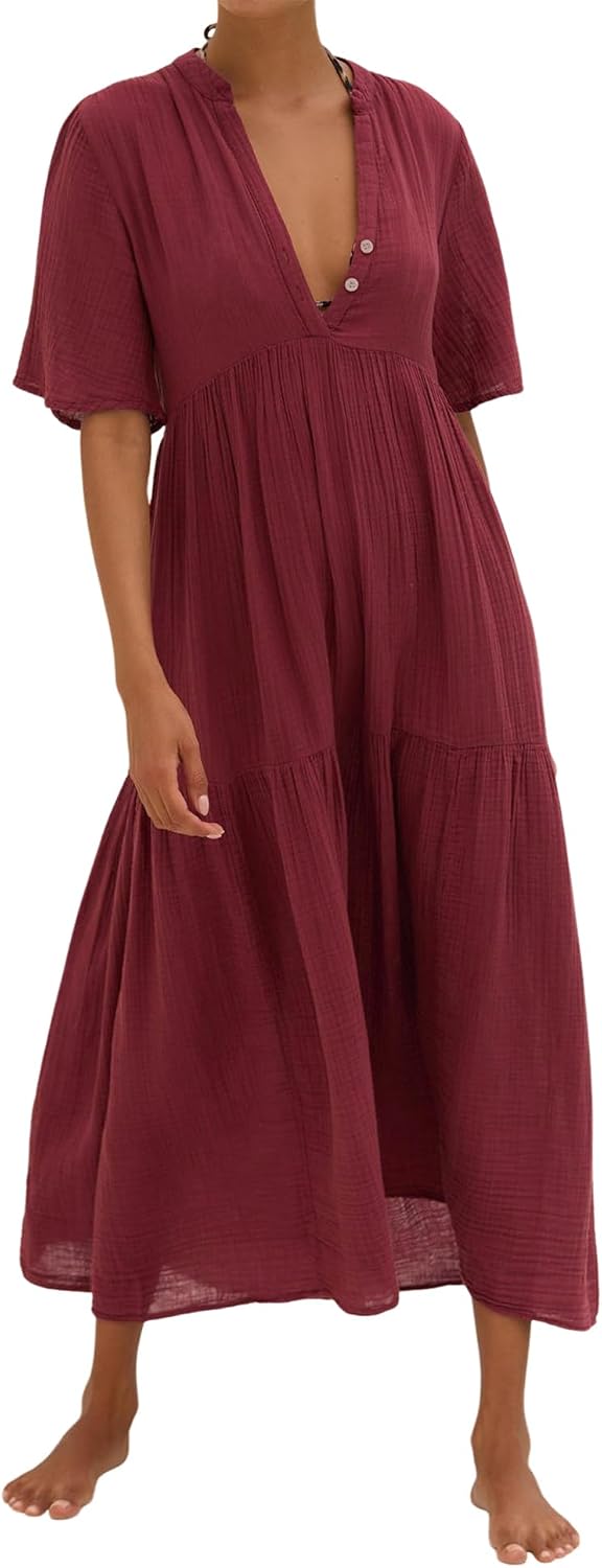R.Vivimos Womens Summer Cotton Casual Flowy Maxi Dress | Short Sleeve, V Neck, Empire Waist, Boho Tiered Ruffle, Beach Vacation Loose Long Dresses