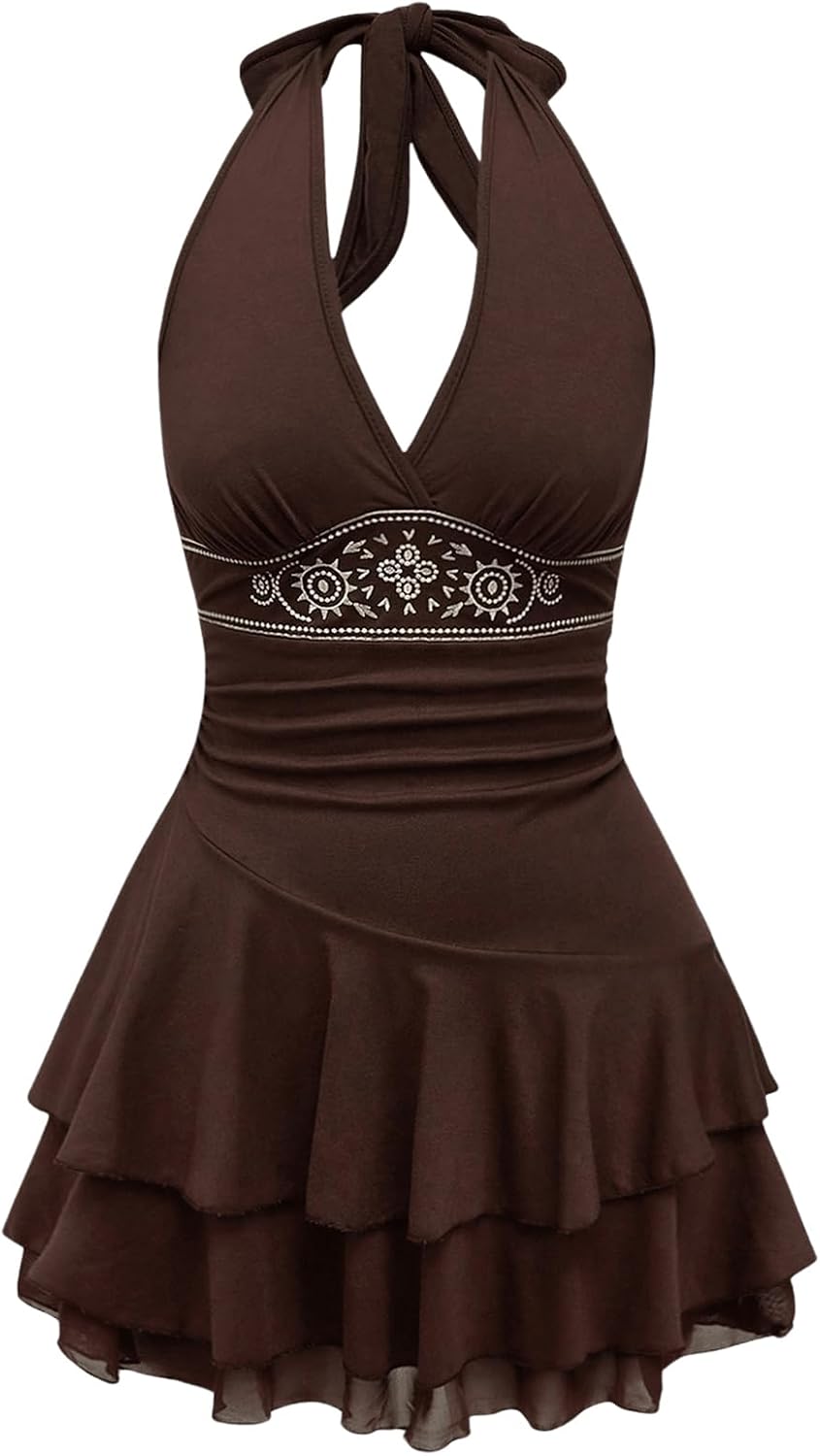 SOLY HUX Women's Summer Dresses Western Cowgirl Halter Casual Mini Dress | Backless, Sleeveless, A Line, Deep V Neck, Flowy, Country Concert Outfits, Sundress