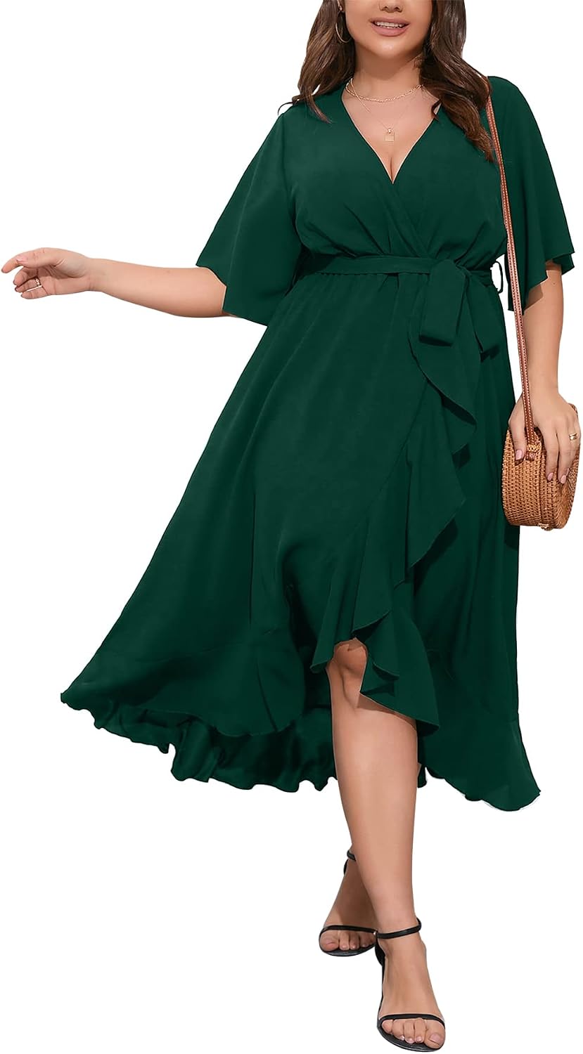 SCOMCHIC Women Plus Size Wedding Guest Maxi Dress | Short Sleeve, Wrap V Neck, High Low, Split, Ruffle Long Dress