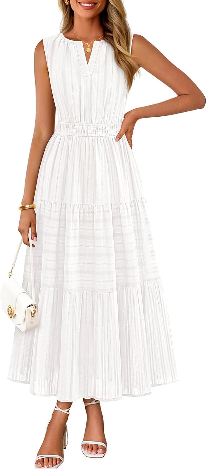 MEROKEETY Summer Casual Sleeveless V Neck Midi Maxi Cotton Dress Women 2026 | Shirred Waist, Eyelets, Tiered, Lined, with Pockets, Boho, Semi Formal, Modest, Vacation, Bridal Shower, Church, Long Dresses