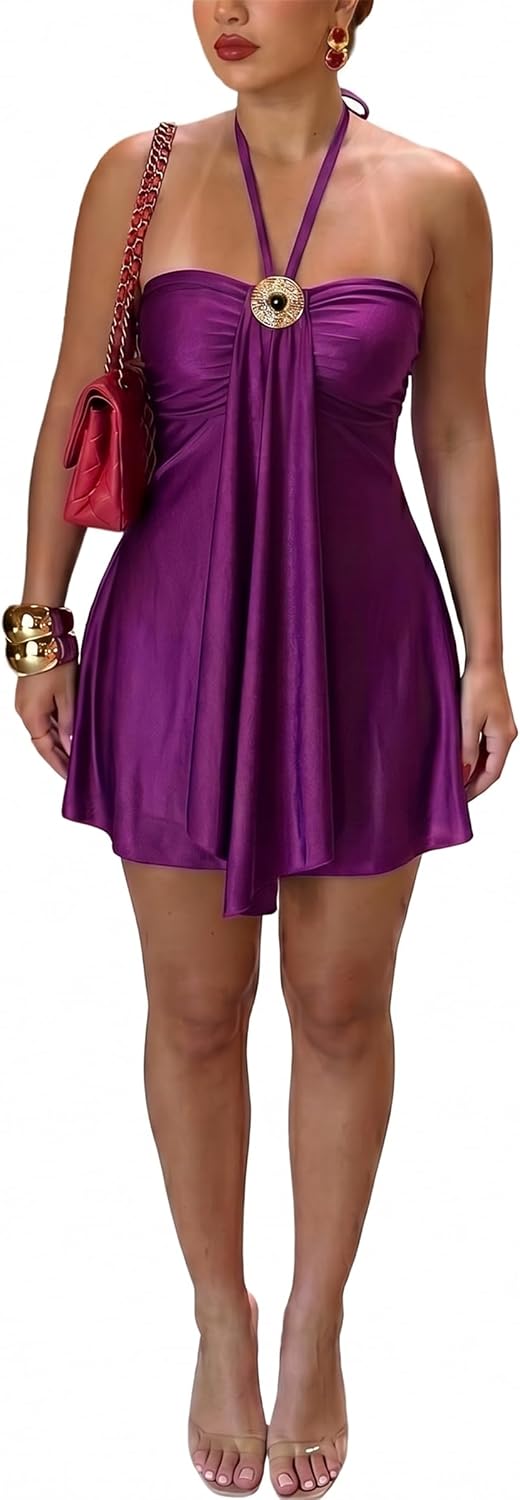 Women's Satin Halter Mini Dress Backless Flowy Vacation Going Out Dress | Soft Stretch Satin,Ruched Bust,Ruffle Hem&Flowy A-Line Fit,Perfect for Club,Night Out,Birthday Party,Homecoming,Resort Wear
