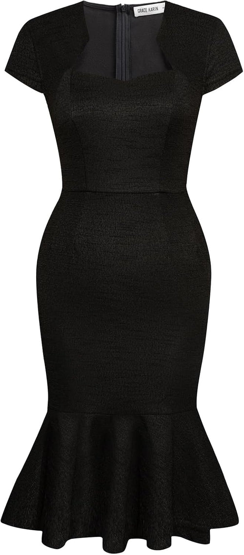 GRACE KARIN Womens Cocktail Dress Fishtail Tweed Bodycon Dresses | Cotton blend stretch fabric, Knee-Length, Cap sleeve, Zipper back, Sweetheart neck, Party wedding guest midi dress